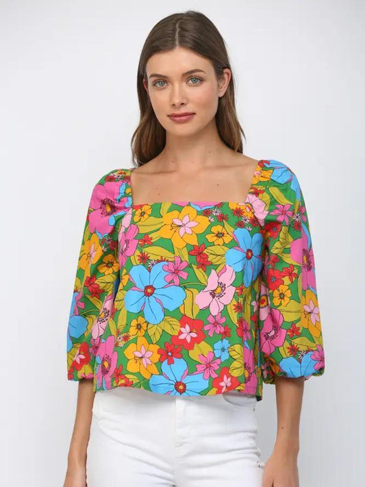 Green Multi Floral Gathered Top