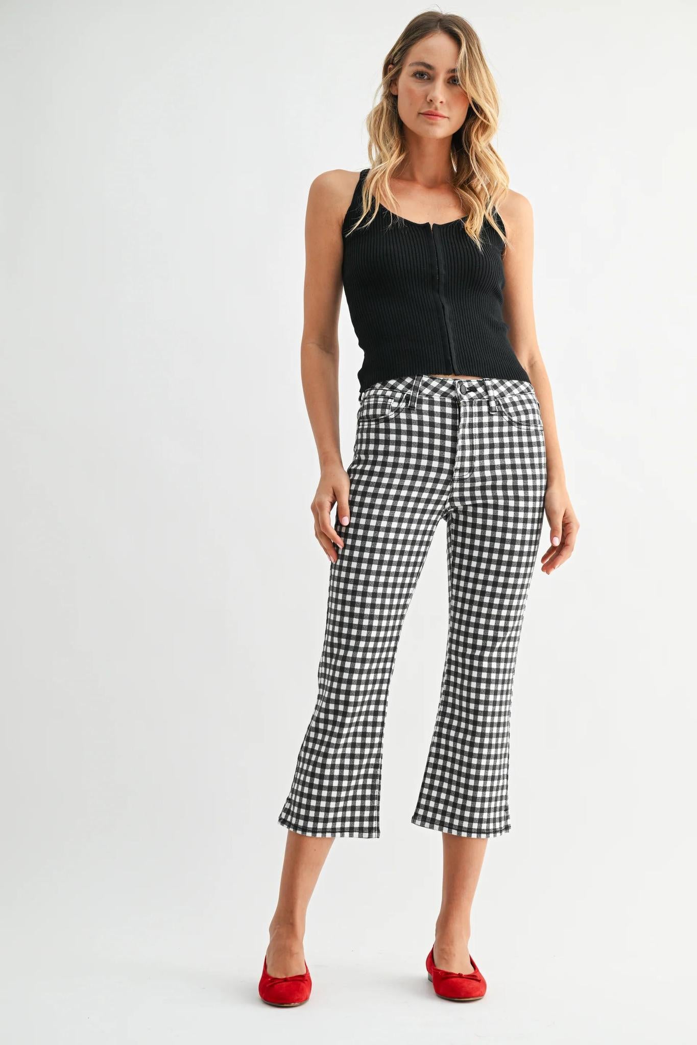 Black Gingham Skinny Capri with Slit Jeans
