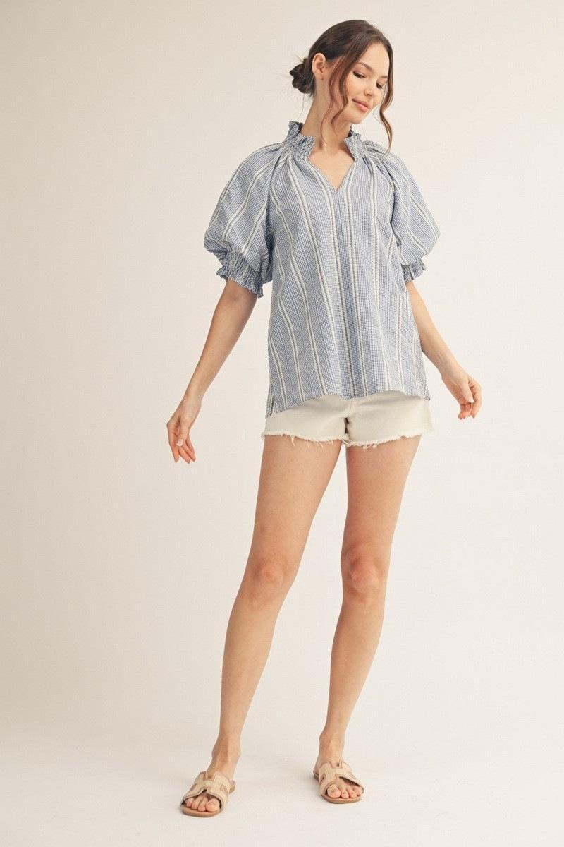 Blue and Cream Stripe Detail Top