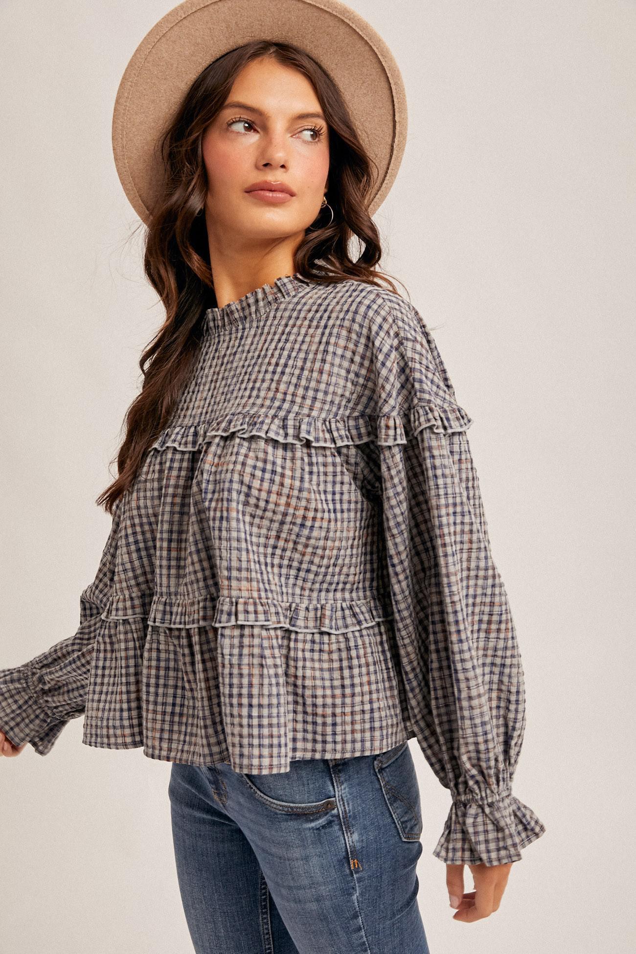 Denim Blue Ruffle Plaid Blouse
