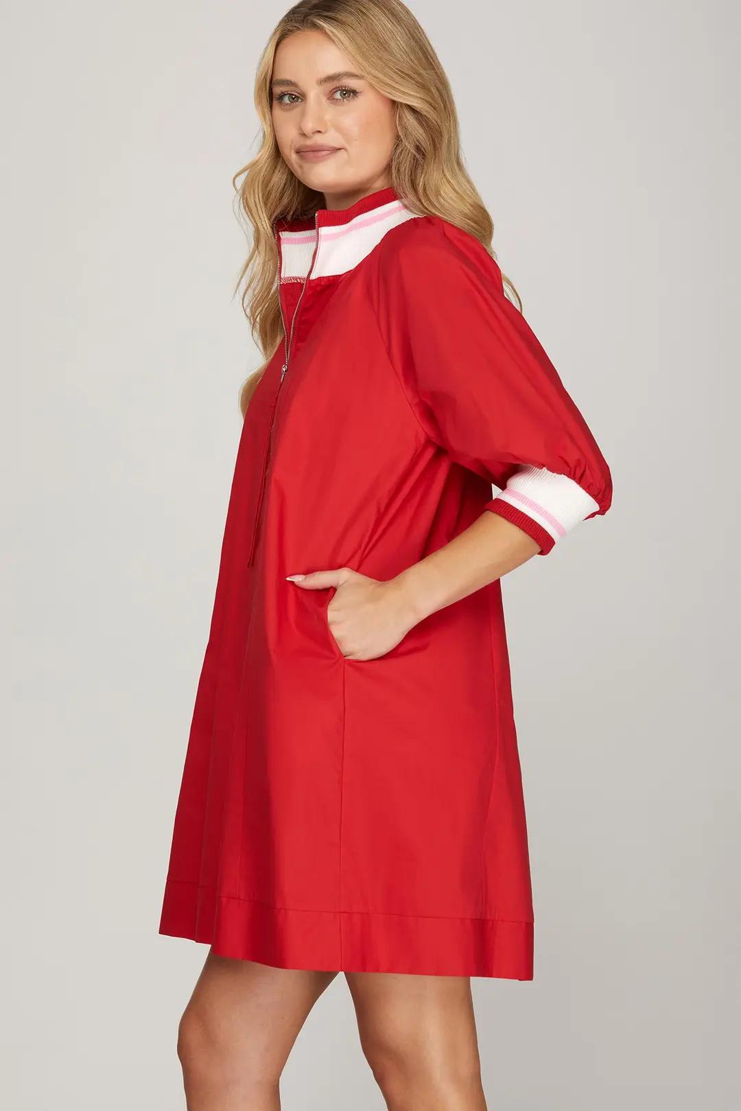 Red Half Sleeve Half Zip Dress