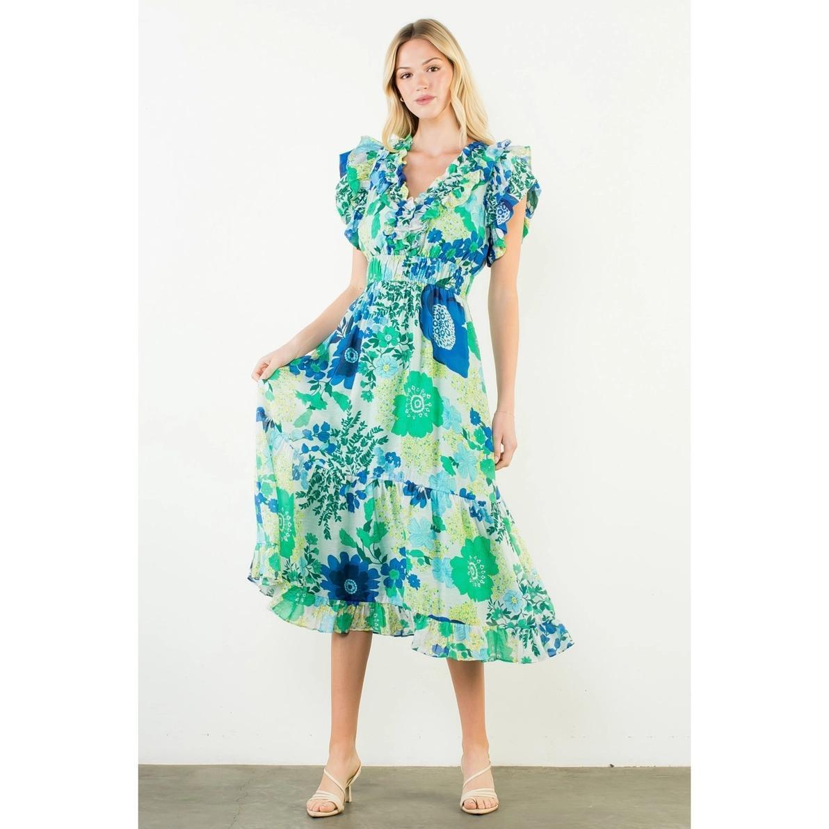 Blue and Green Flutter Sleeve Tiered Dress