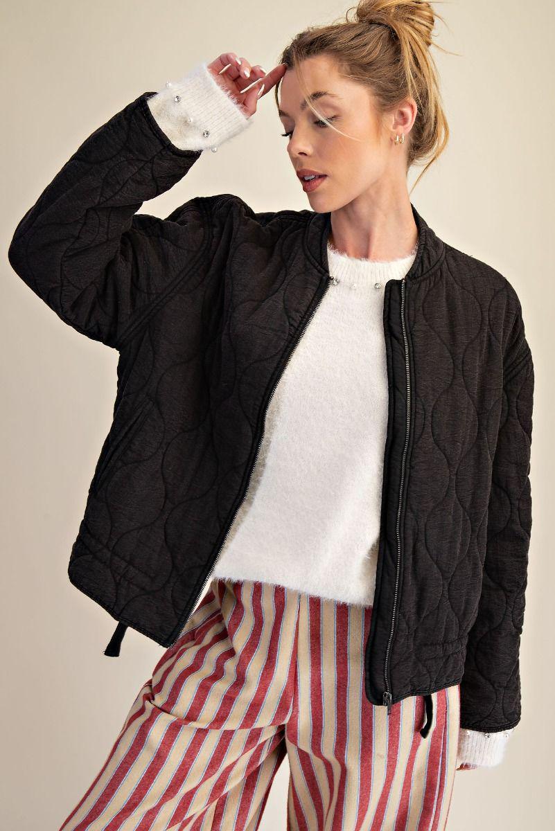 Black Quilted Bomber Jacket