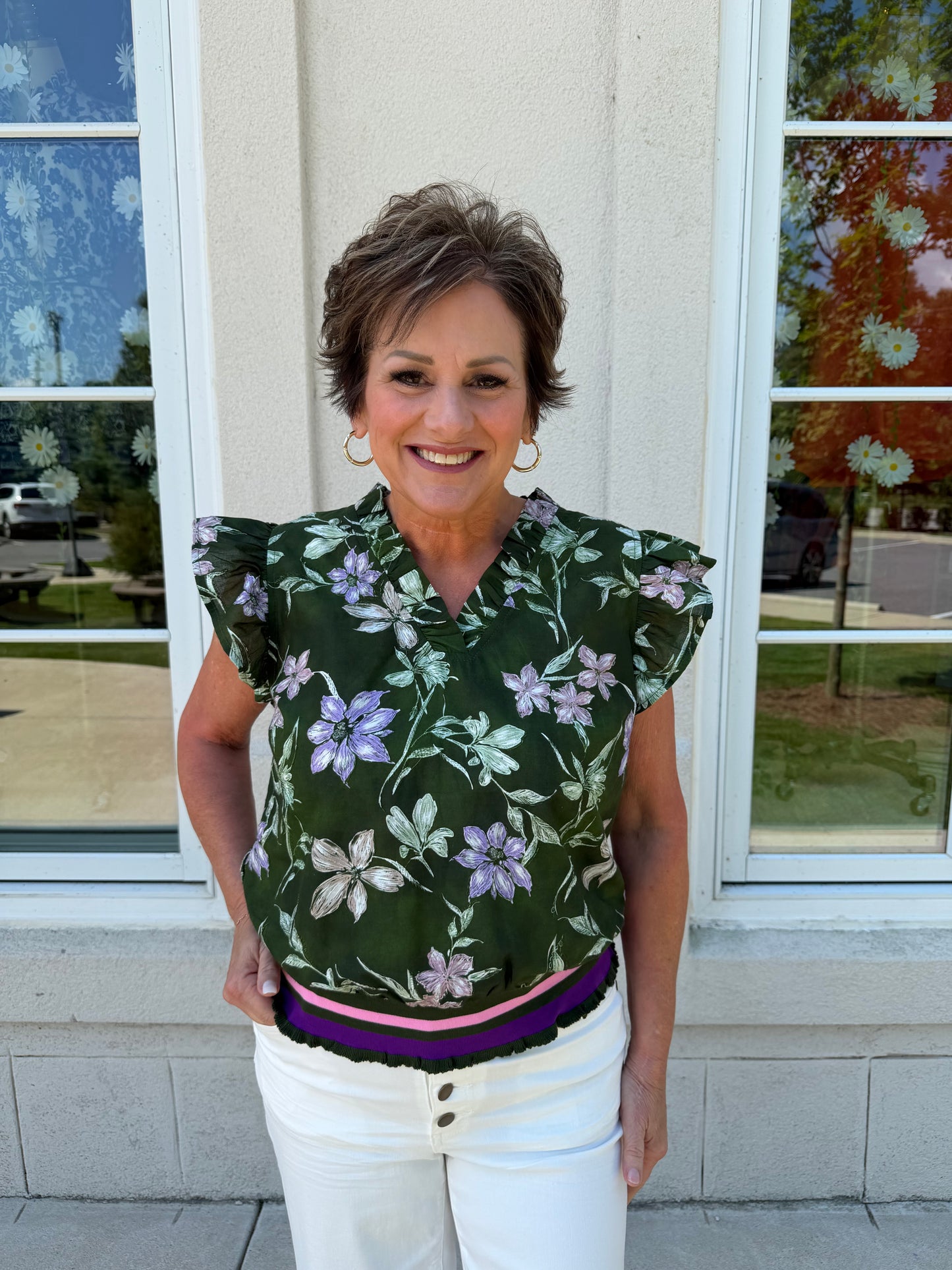 Olive Floral with Striped Band Embroidered Top