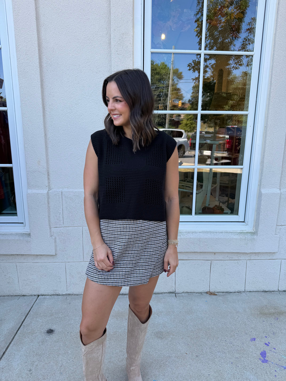 Brown & Black Houndstooth Pattern Skort
