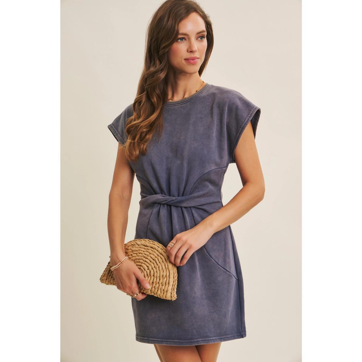 Washed Denim Twisted Waist Terry Dress