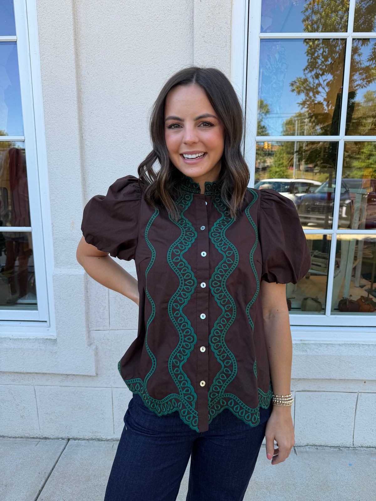 Brown with Green Embroidery Top