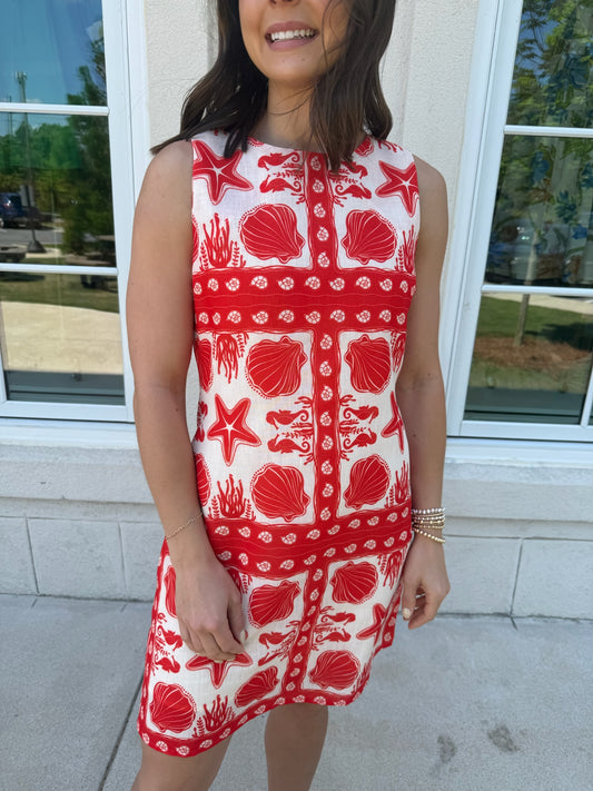 Tomato Red Seashell Scarf Print Shift