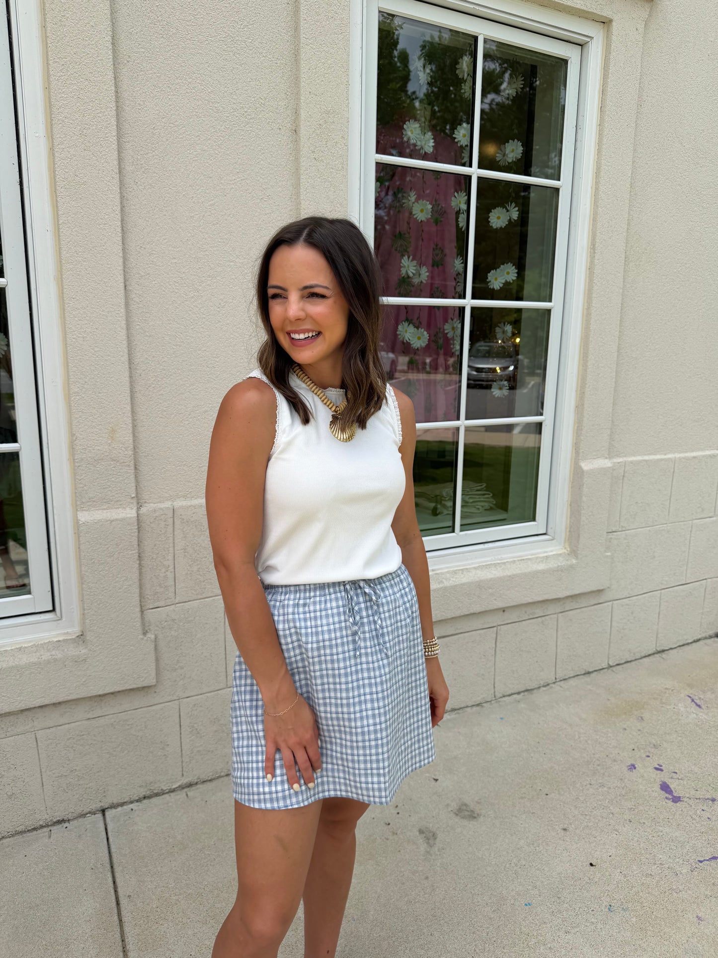 Off White and Blue Plaid Mini Skirt