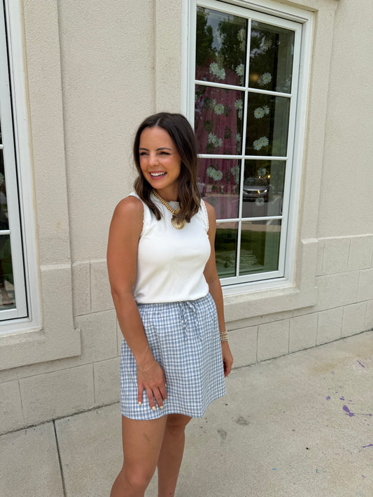 Off White and Blue Plaid Mini Skirt