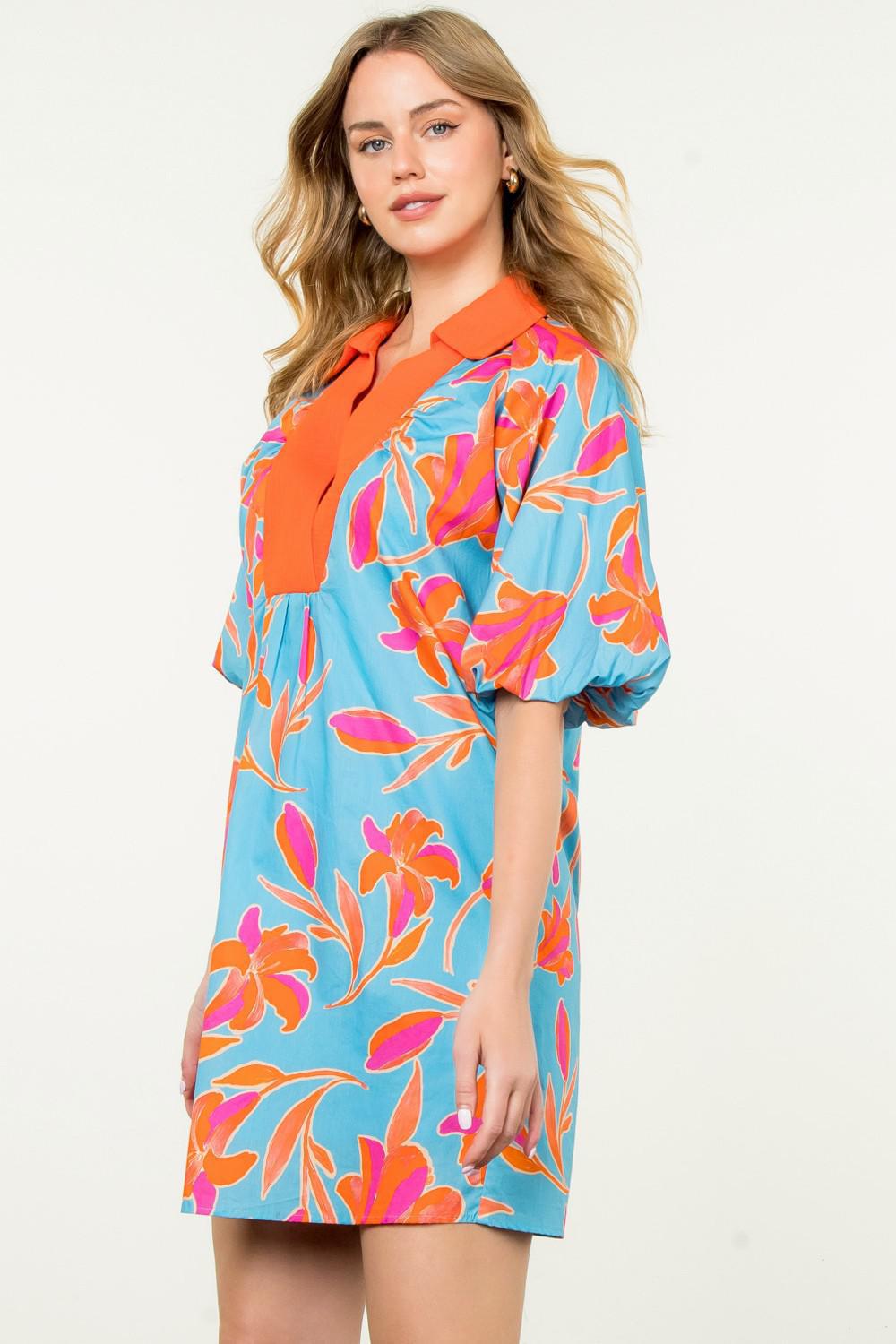 Blue Tropical Print Dress