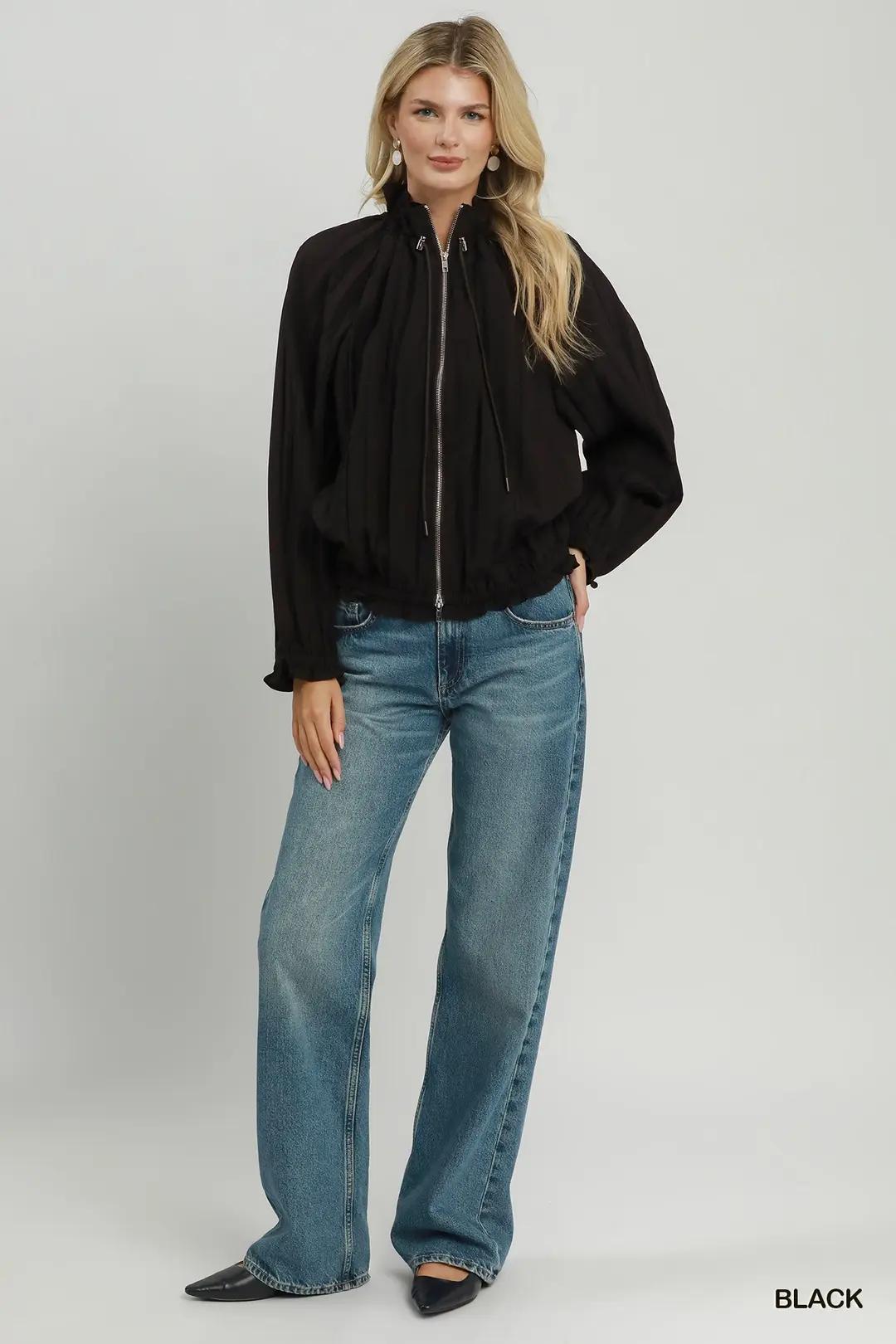 Black Crinkle Bomber Jacket