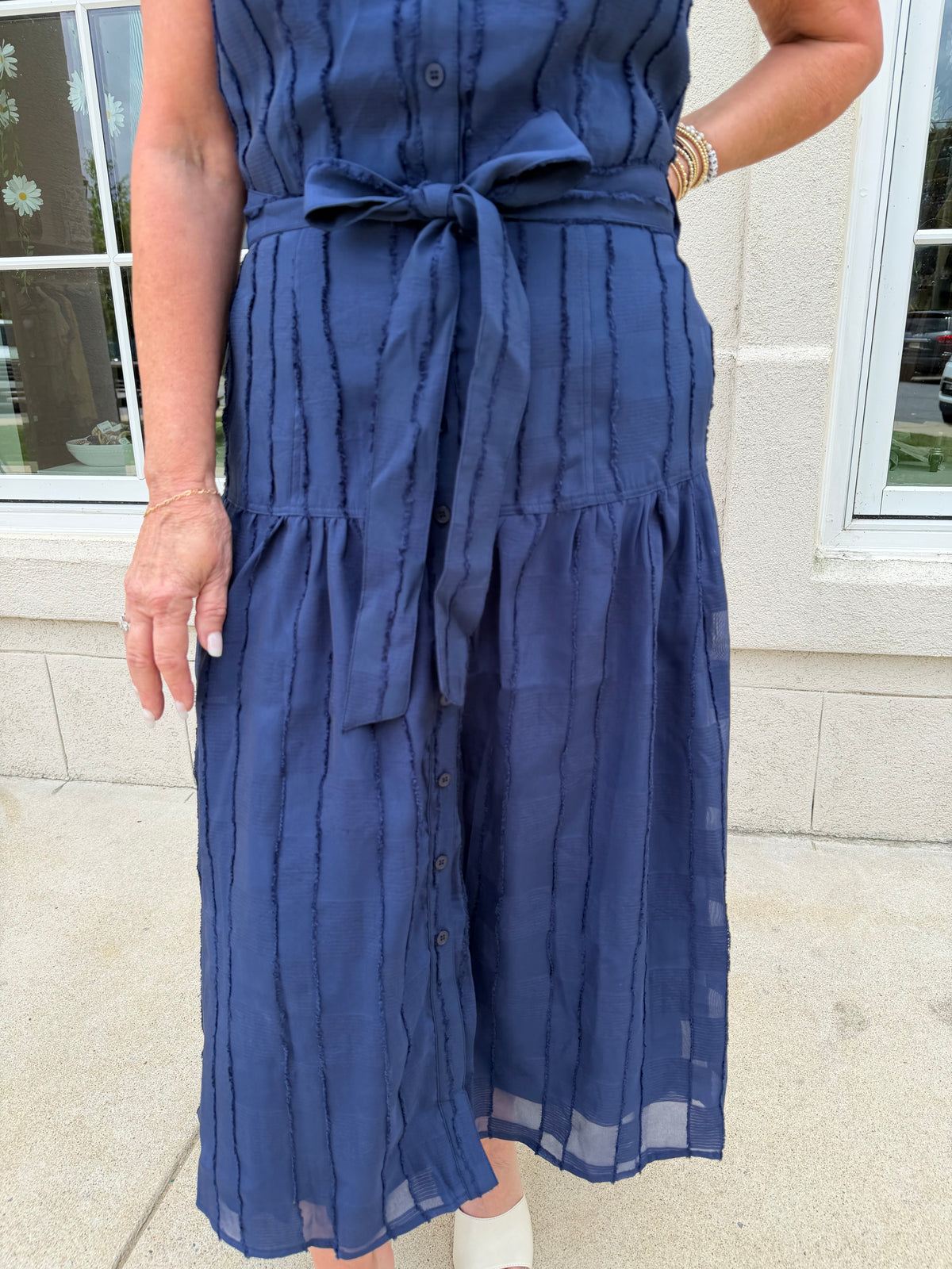 Navy Cap Sleeve Tiered Midi Dress