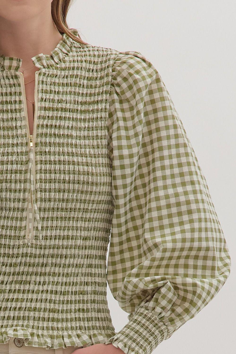 Olive and Cream Checked Smocked Top