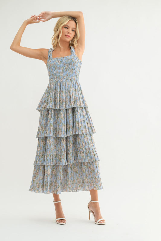 Blue and Cream Floral Tiered Dress