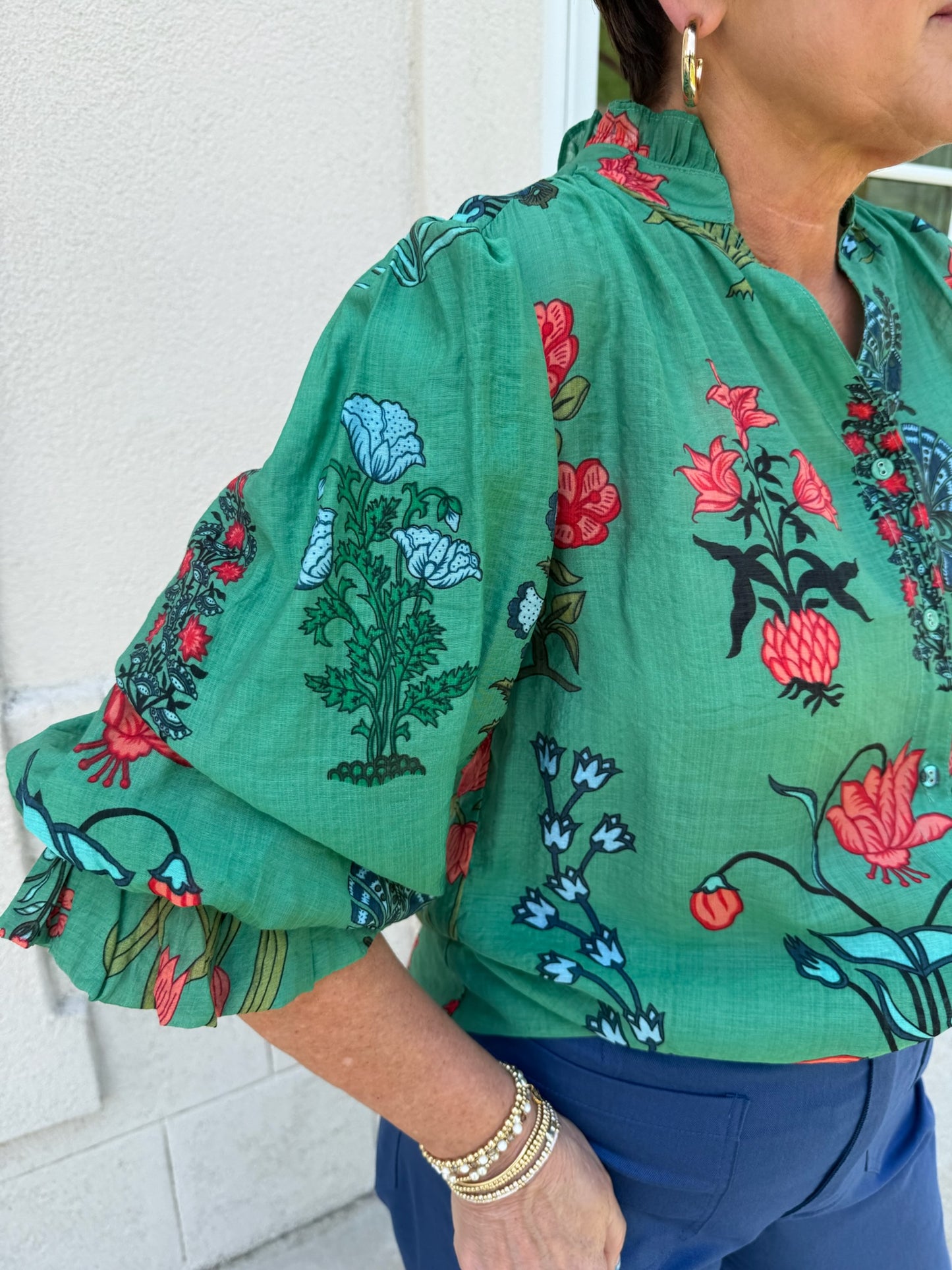 Green Printed Button Down Top