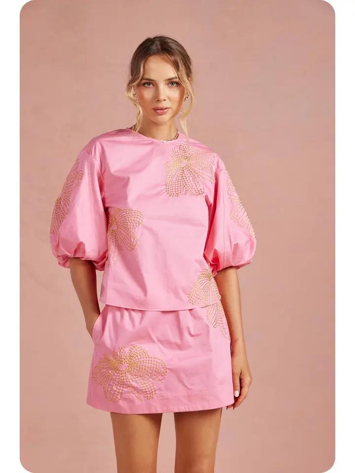 Bubblegum and Chartreuse Embroidered Set