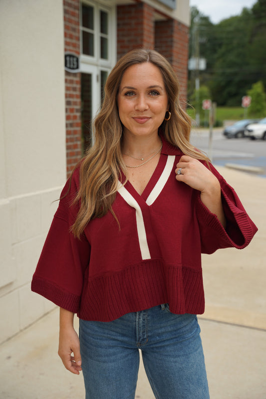 Maroon V Neck Collared Sweater