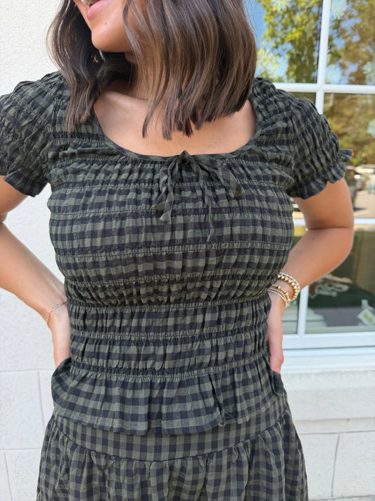 Dark Olive Plaid Print Smocked Top