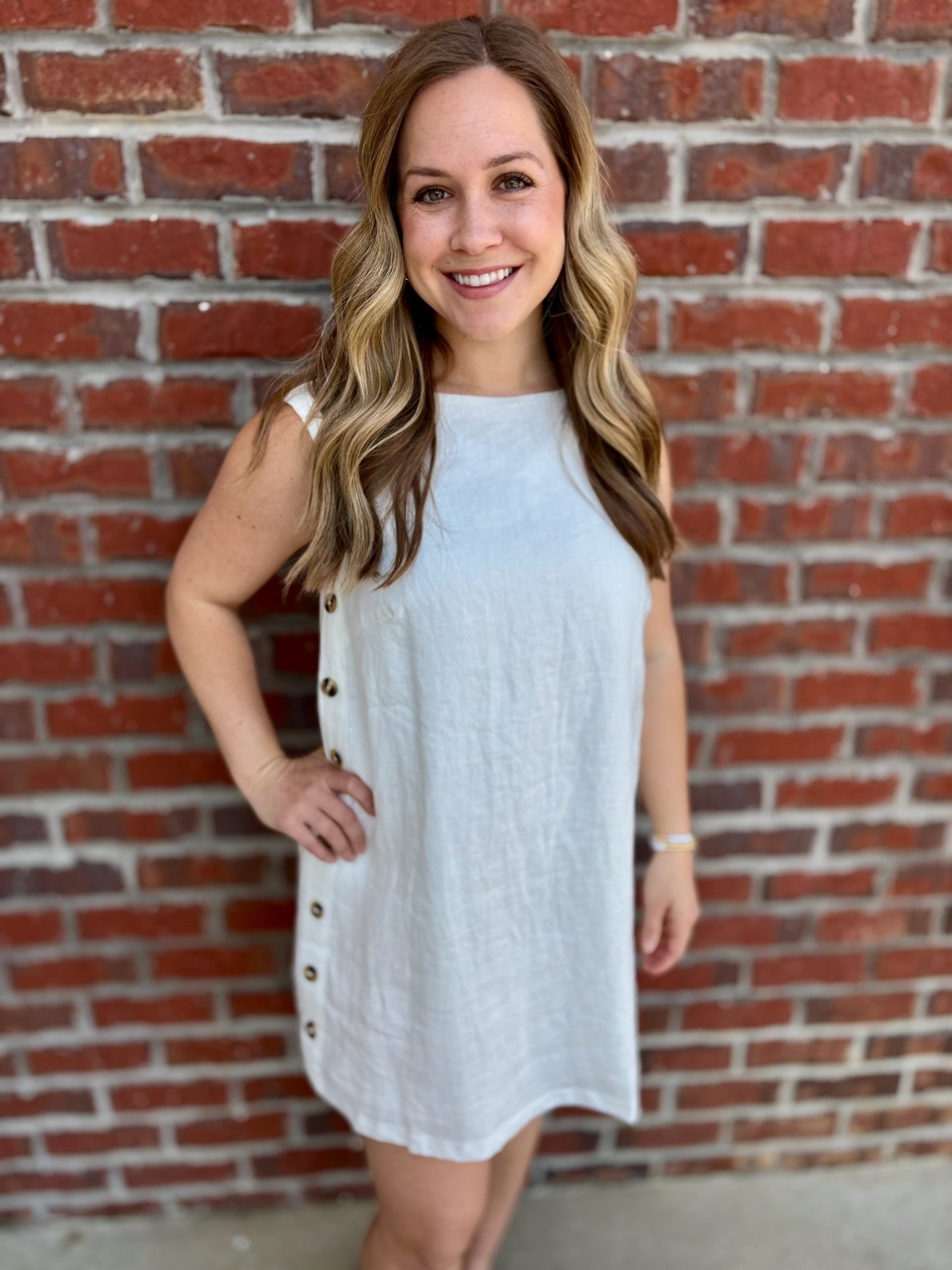 White Button Detail Linen Dress