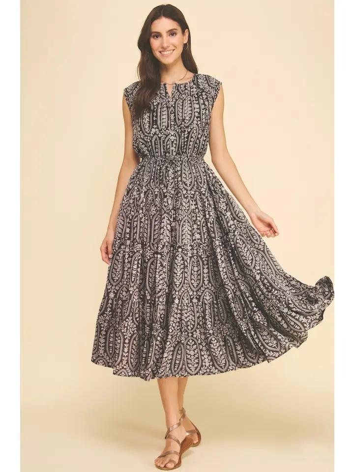 Black and Ivory Bohemian Leaf Print Midi
