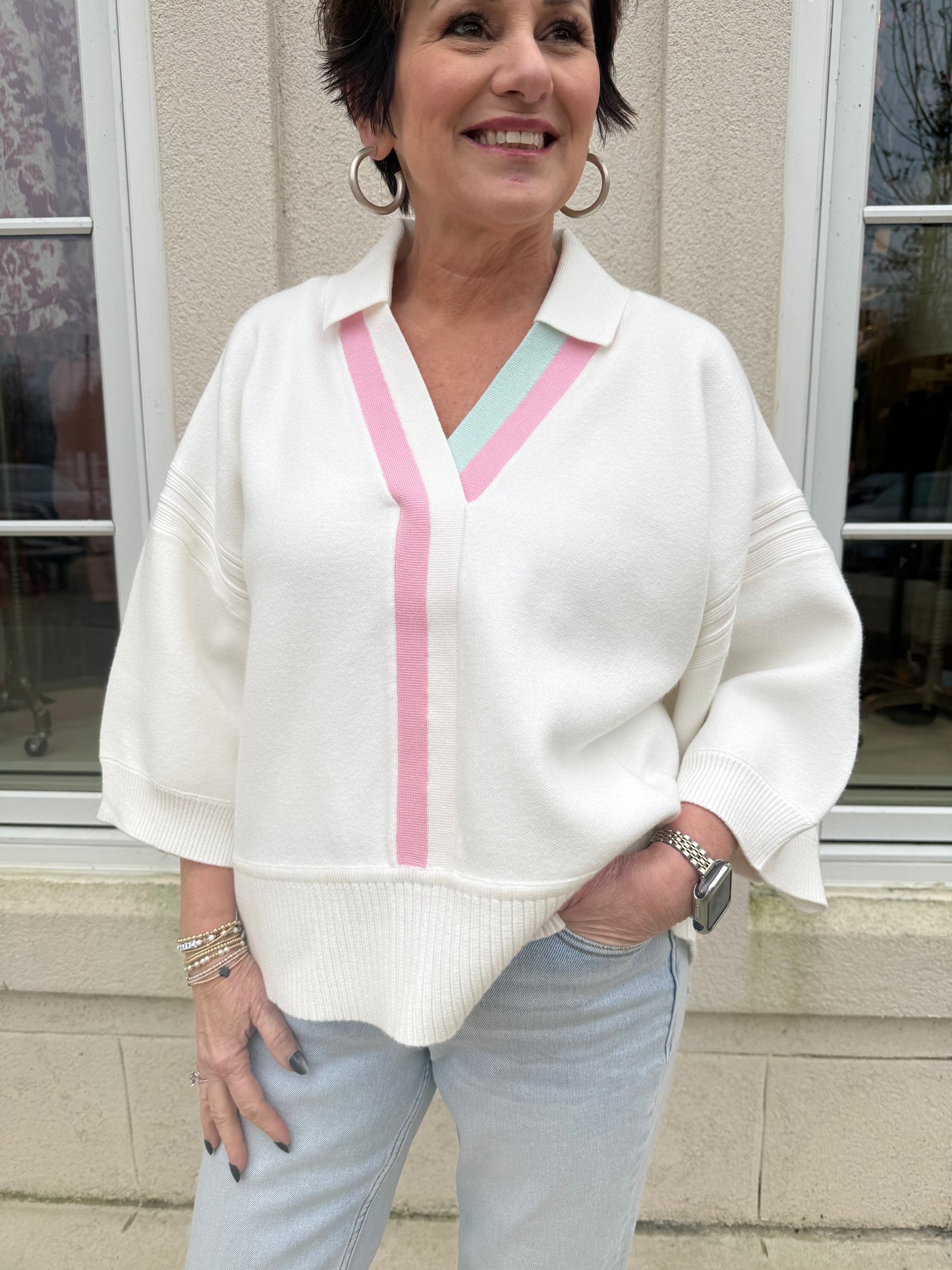 Cream Striped Collared Sweater