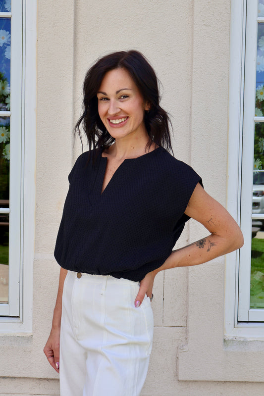 Black V Neck Bubble Top