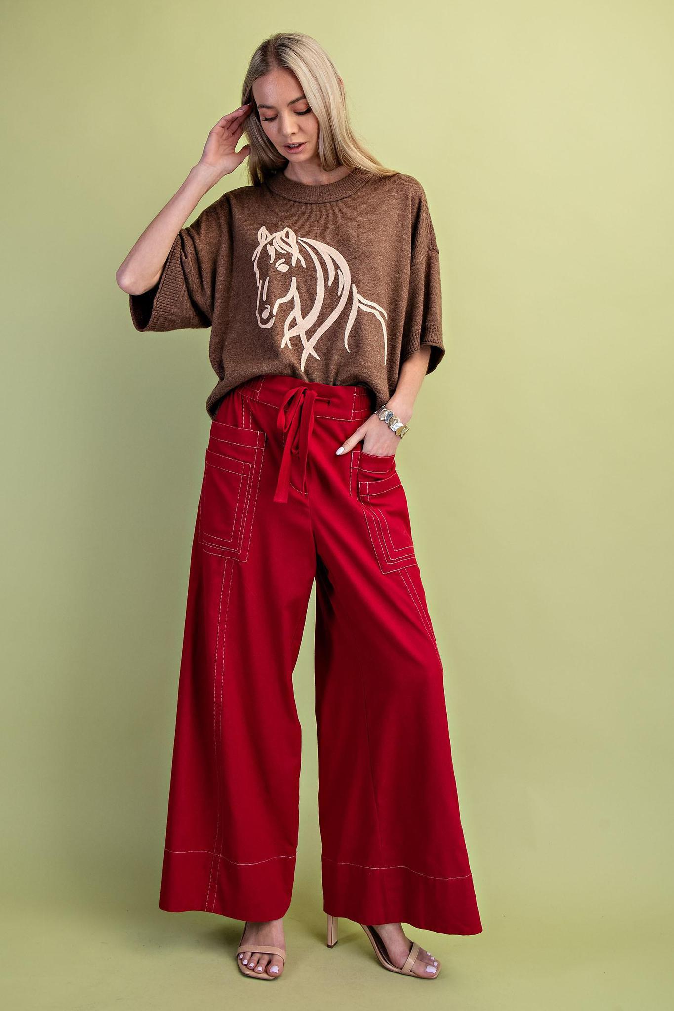Red Linen Blend Wide Leg Pant