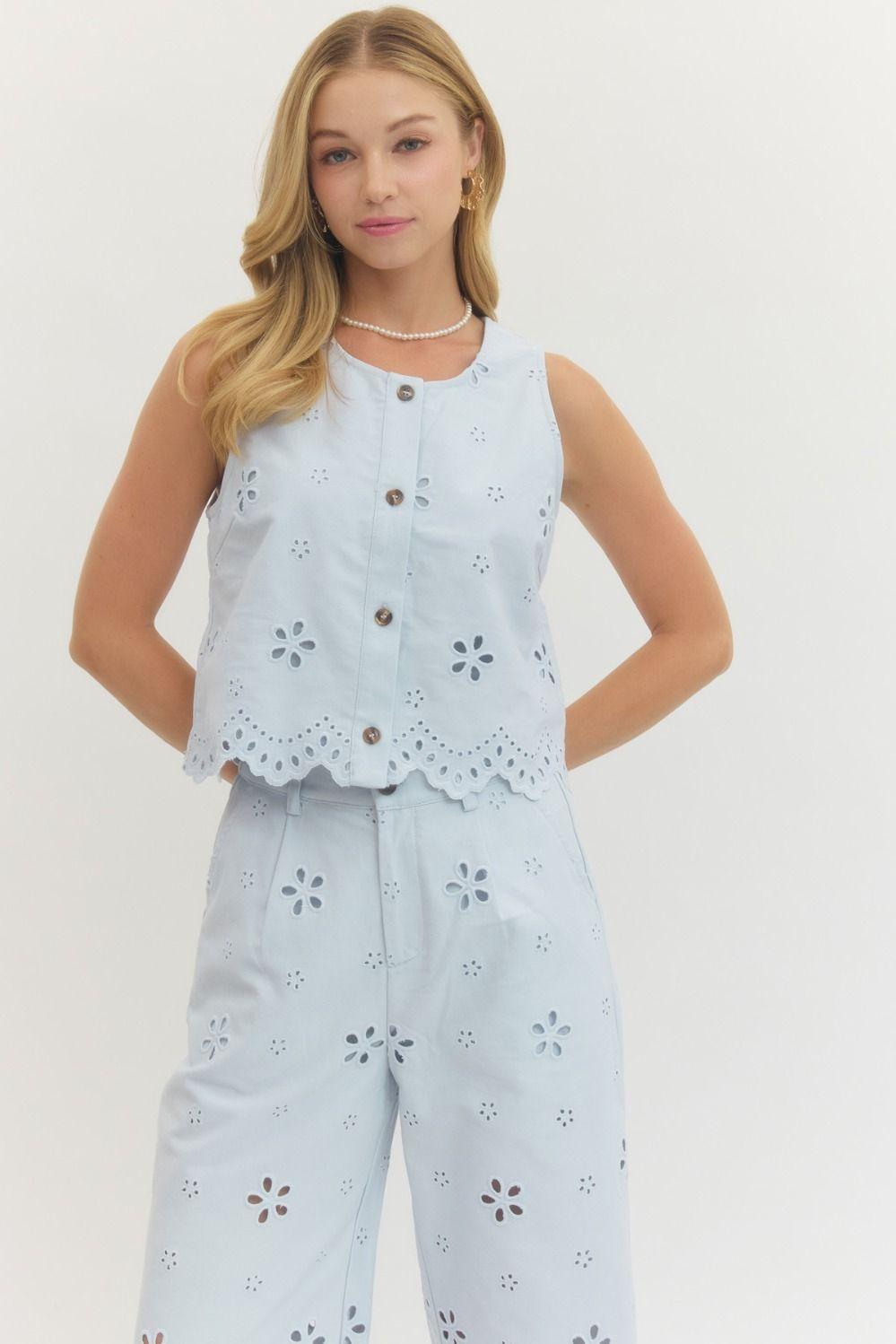 Light Blue Eyelet Embroidered Top