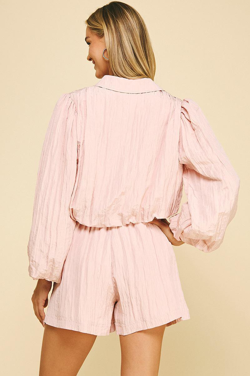 Pink Solid Textured Woven Short Set