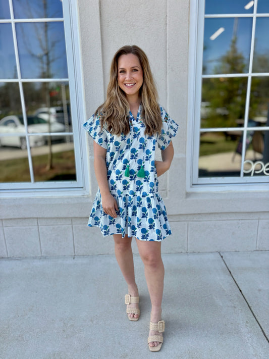 White and Blue Flowered Mini Dress