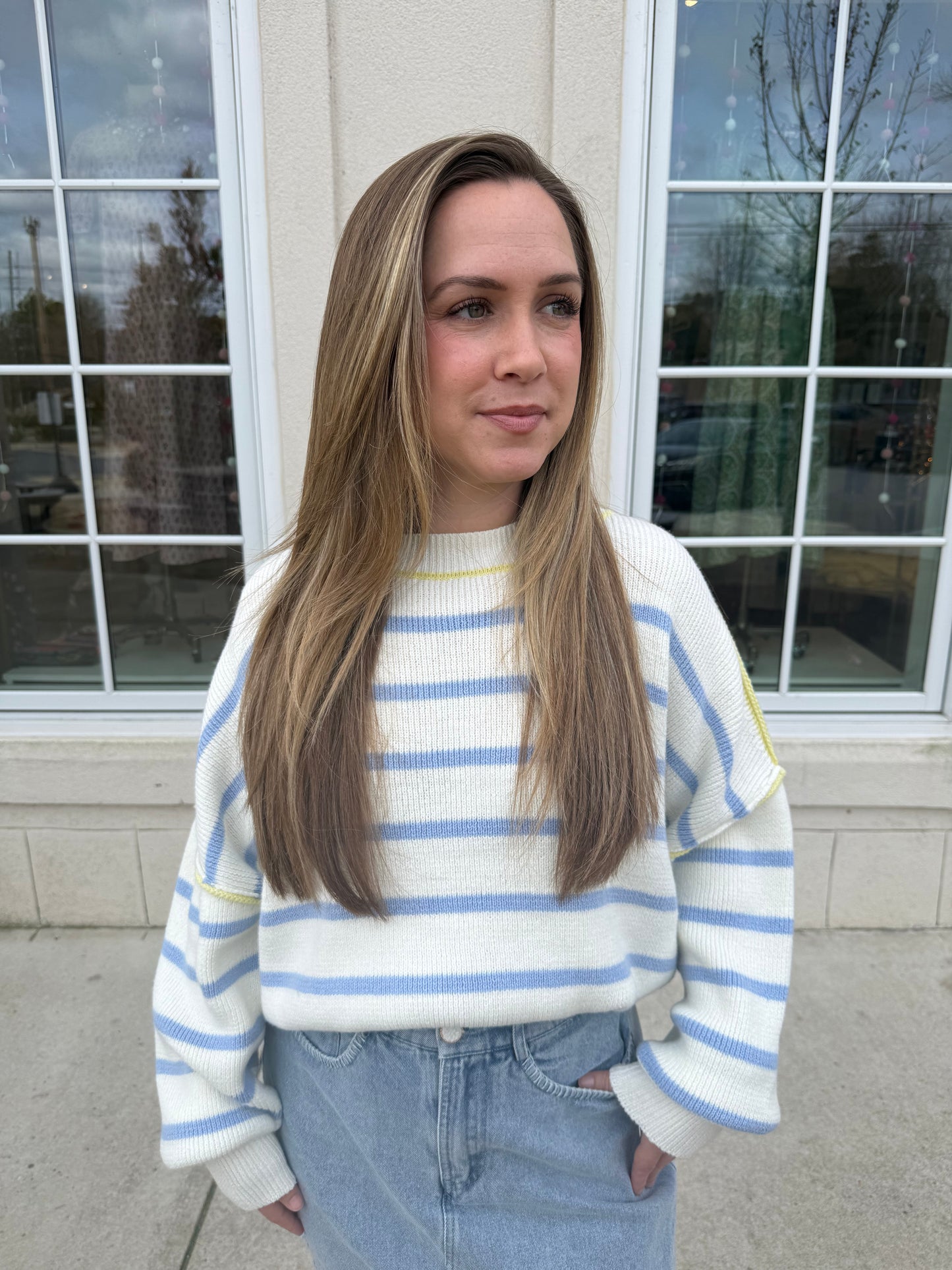 Off White and Blue Striped Boxy Sweater