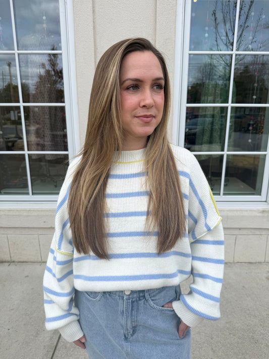 Off White and Blue Striped Boxy Sweater