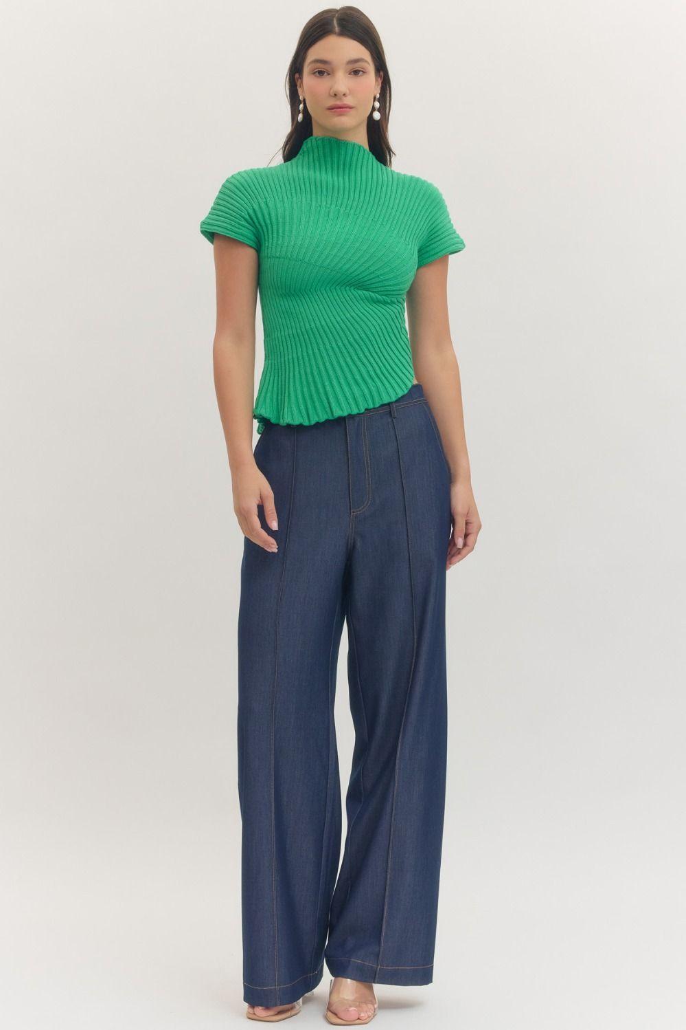 Green Asymmetric Hem Knit Top