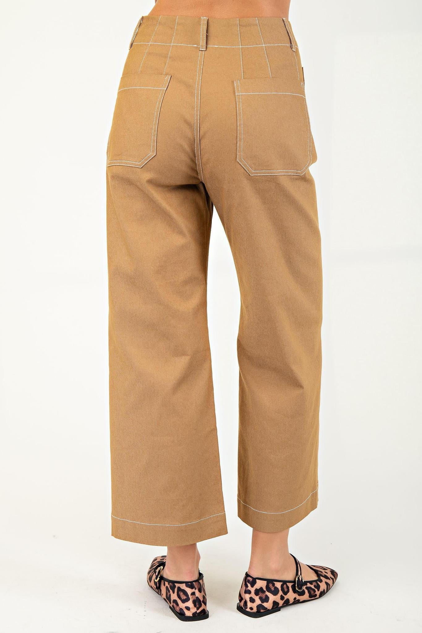 Khaki Cropped Wide Leg with Contrast Stitching
