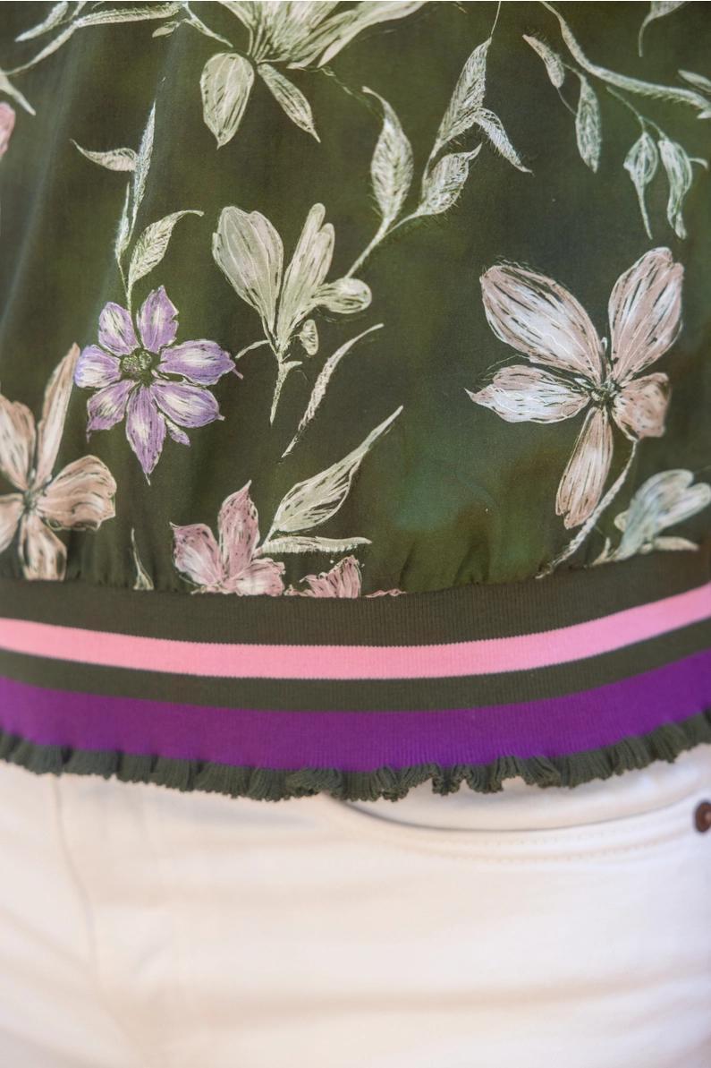 Olive Floral with Striped Band Embroidered Top