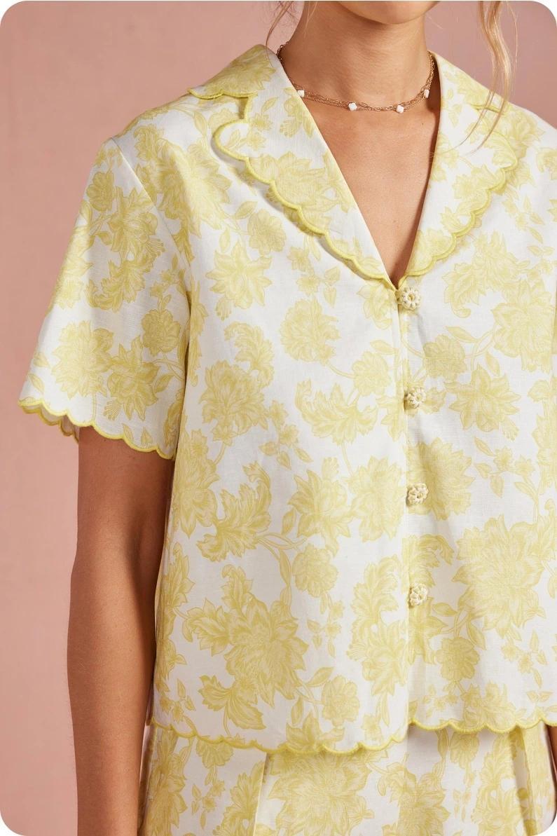 Butter and White Embroidered Scalloped Top