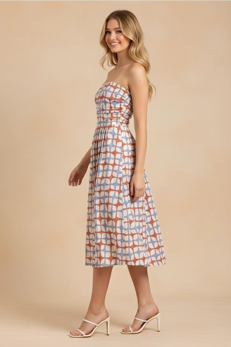 Blue and Red Geometric Print Midi