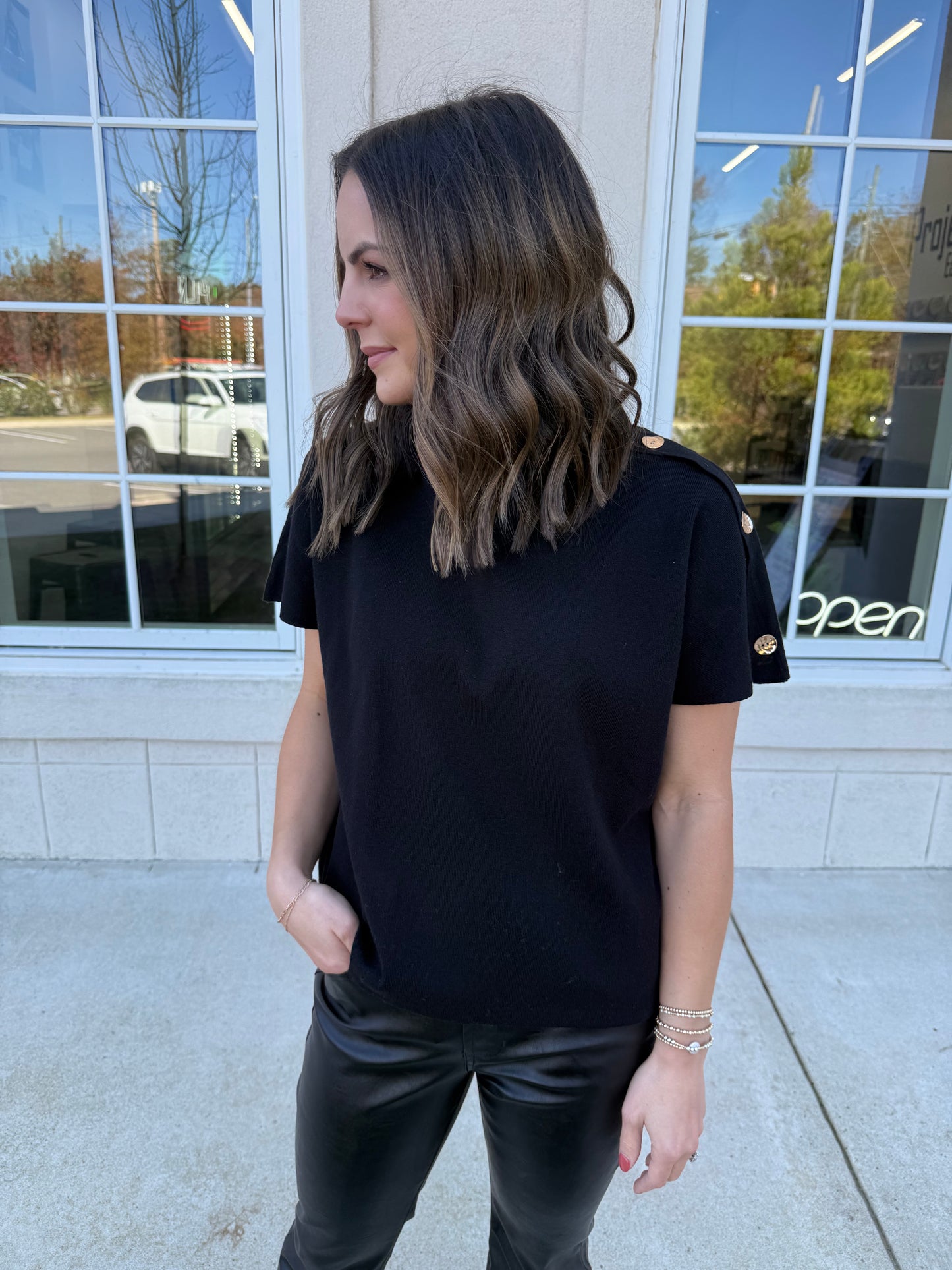 Black Sweater with Gold Tone Buttons