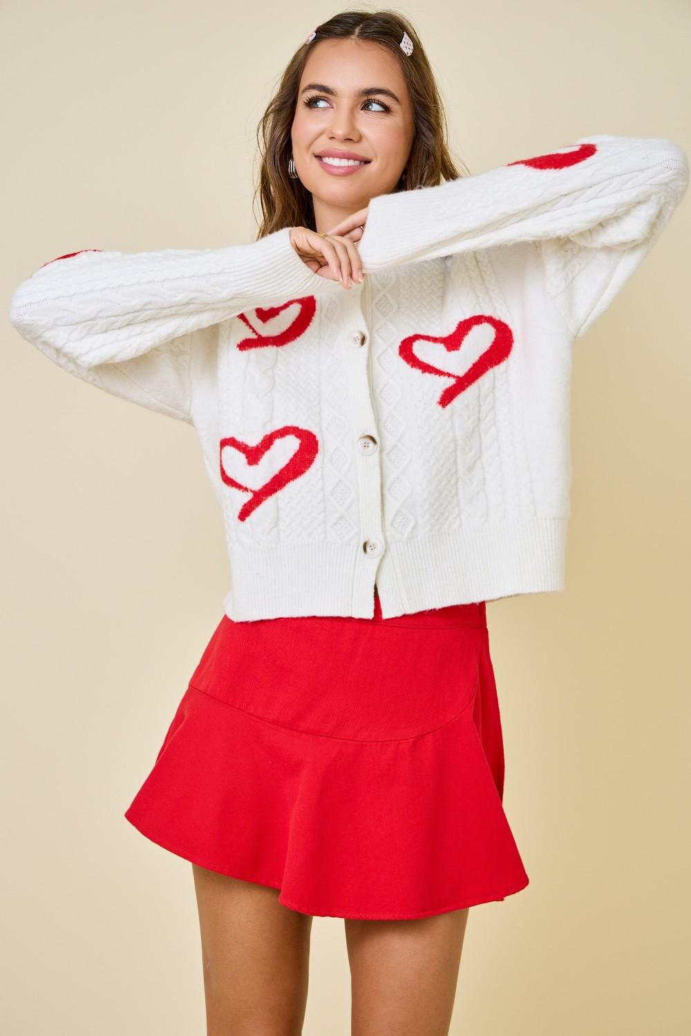 Off White and Red Valentine Heart Cardigan