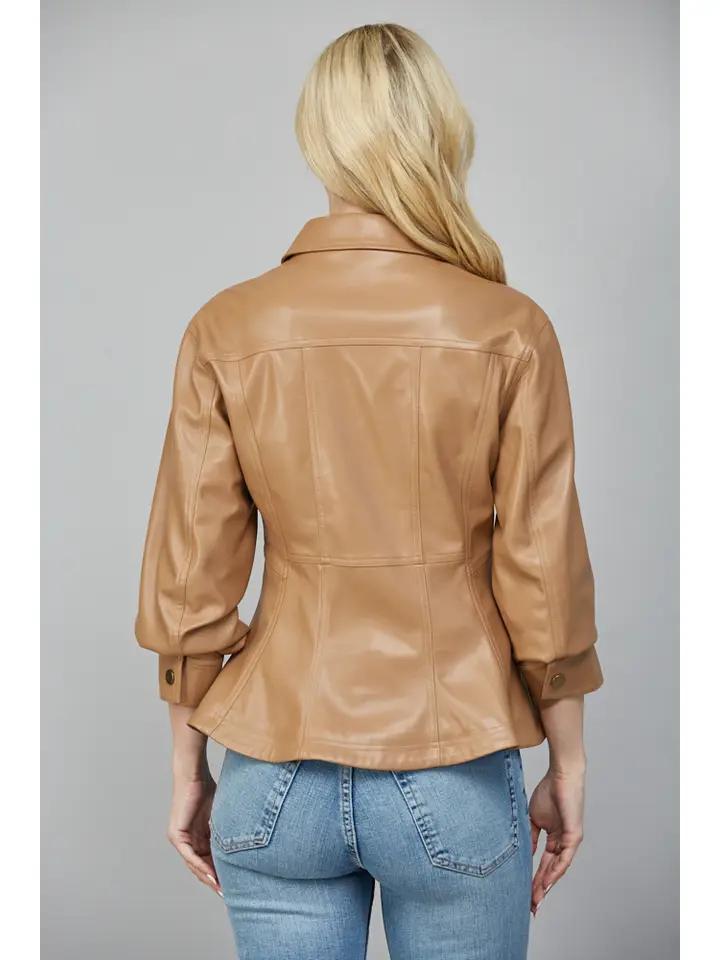 Camel Cinched Faux Leather Jacket