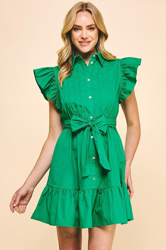 Kelly Green Belted Button Down Mini