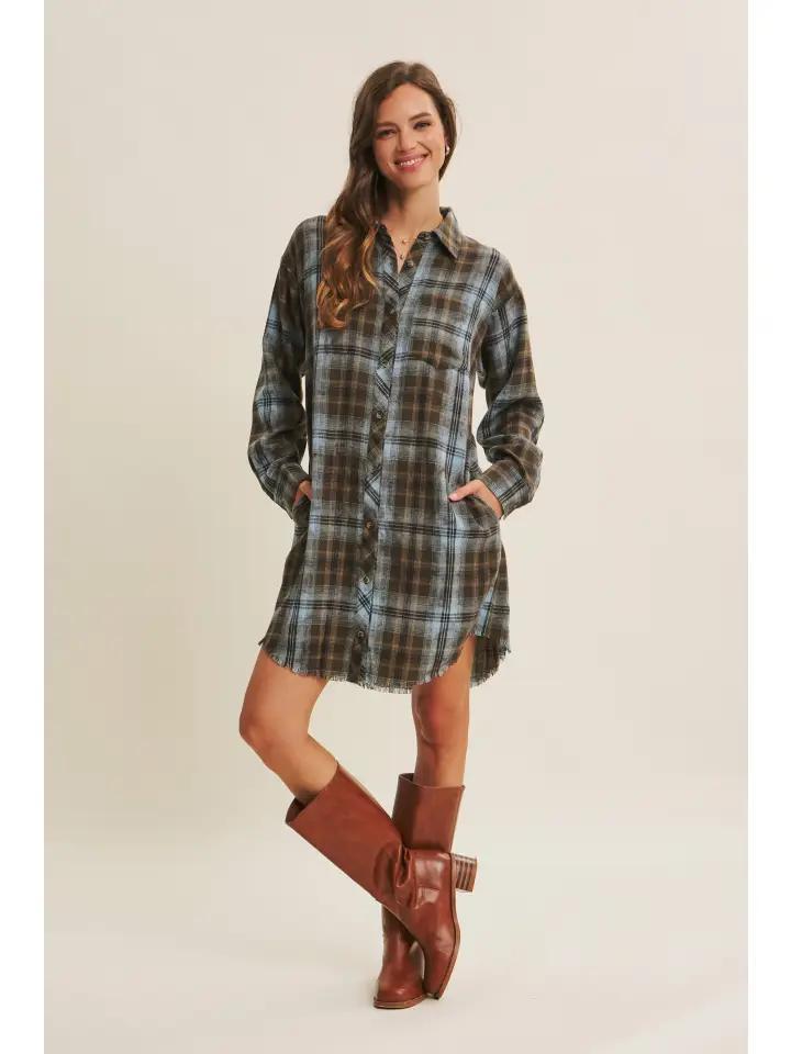 Antique Brown Plaid Shirt Dress