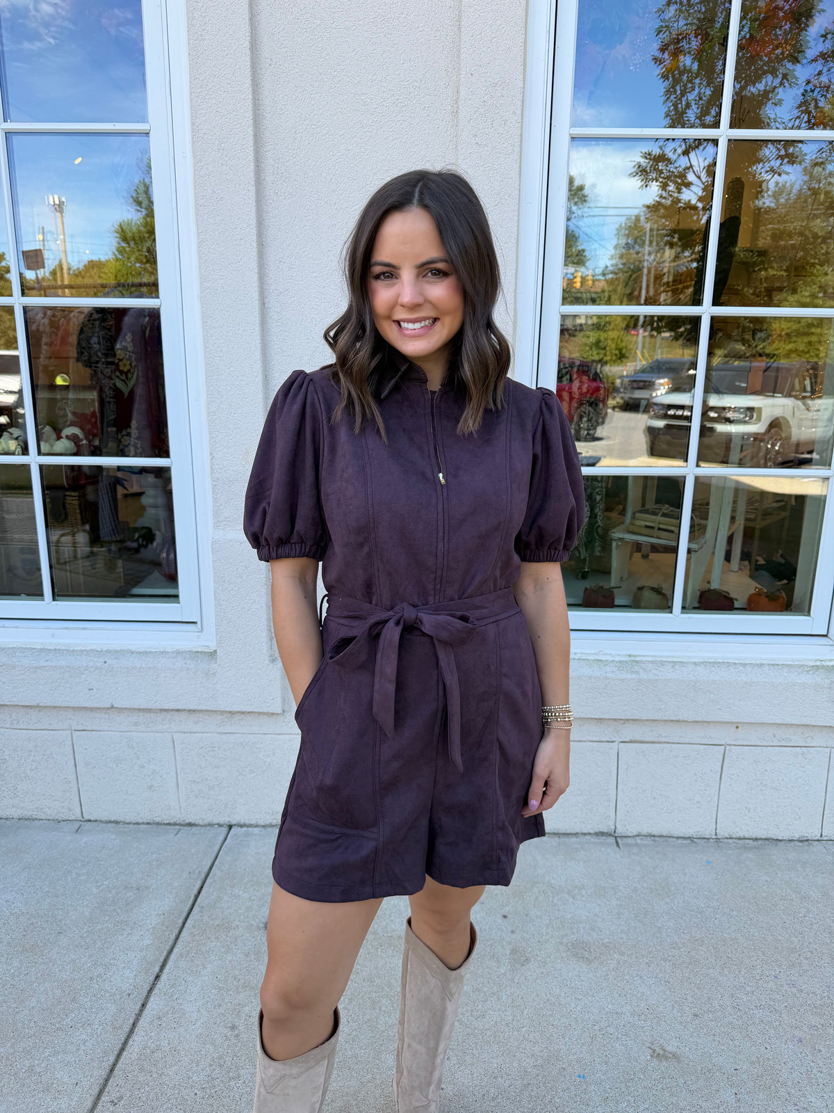Brown Zipper Front Puff Sleeve Jumpsuit