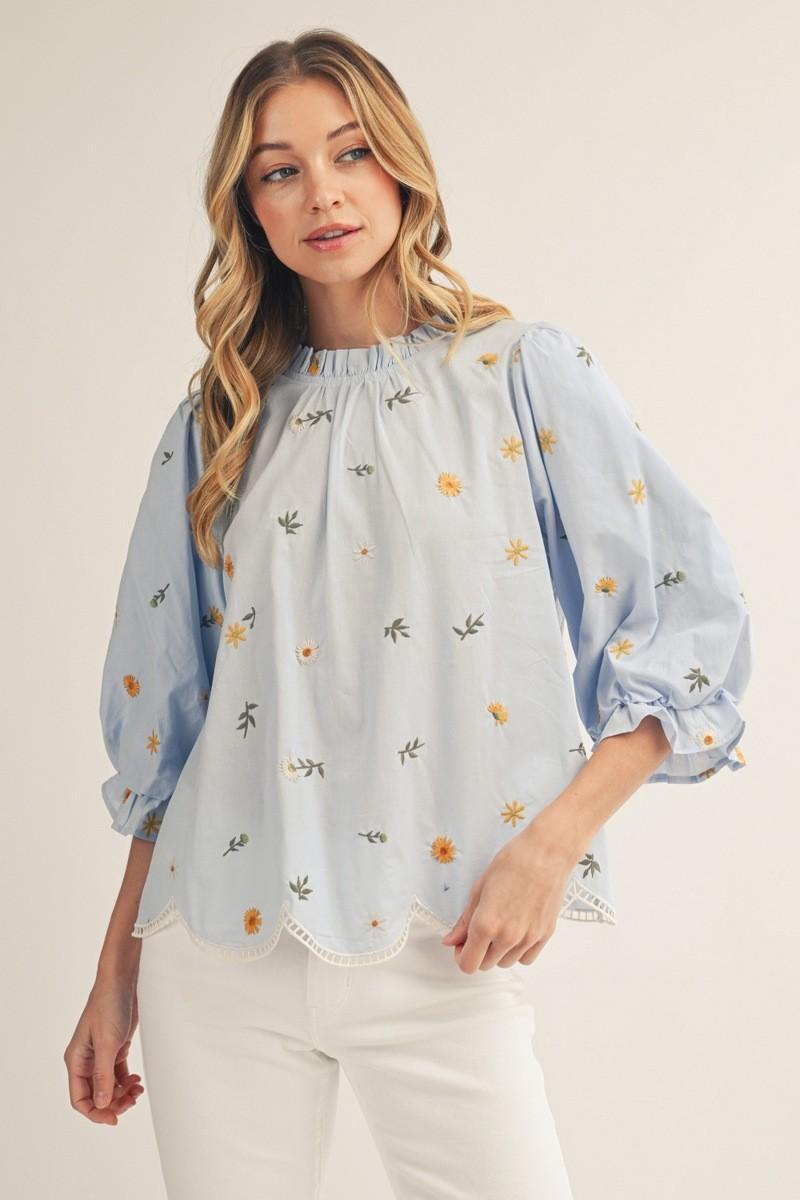 Light Blue Floral Embroidered Top