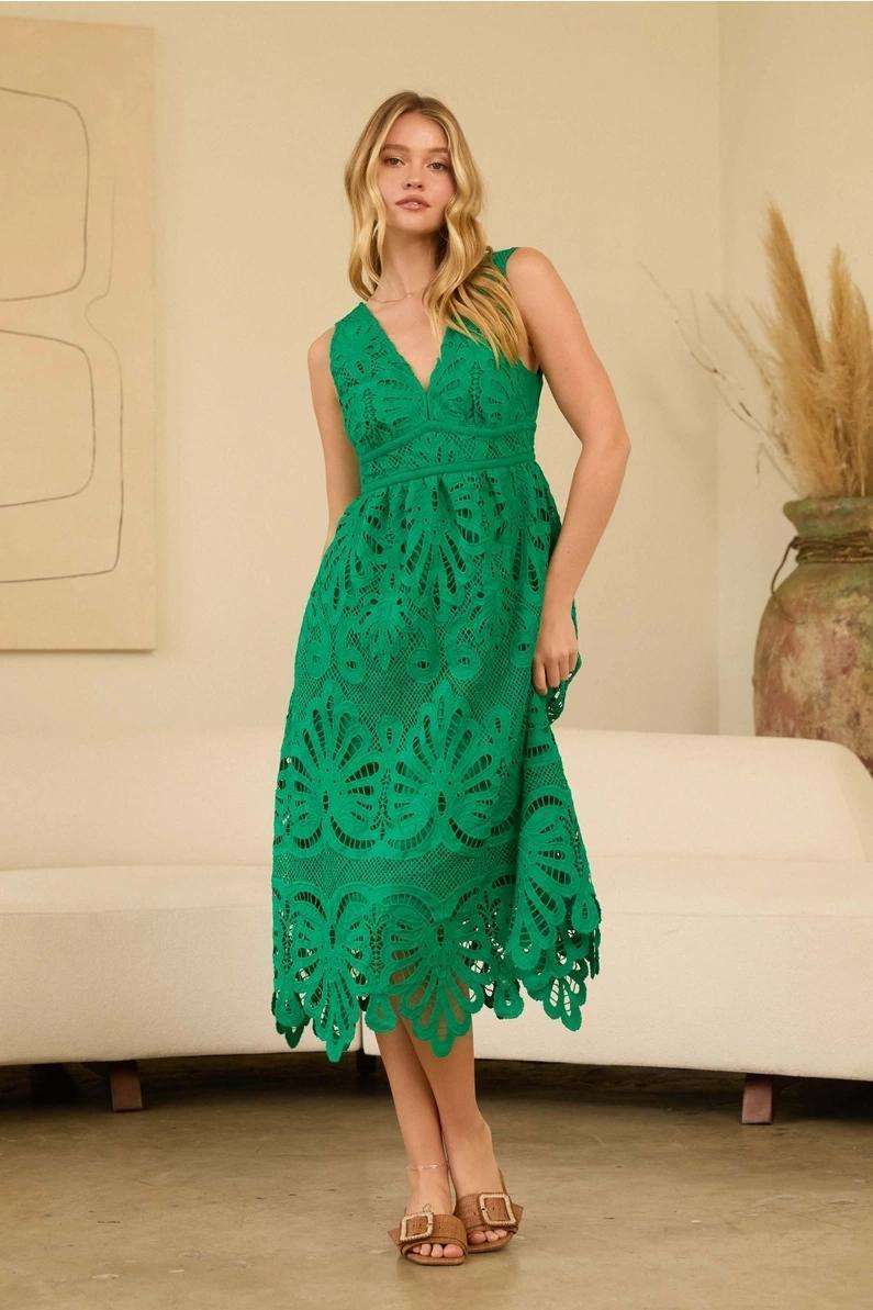 Green Embroidered Lace Midi