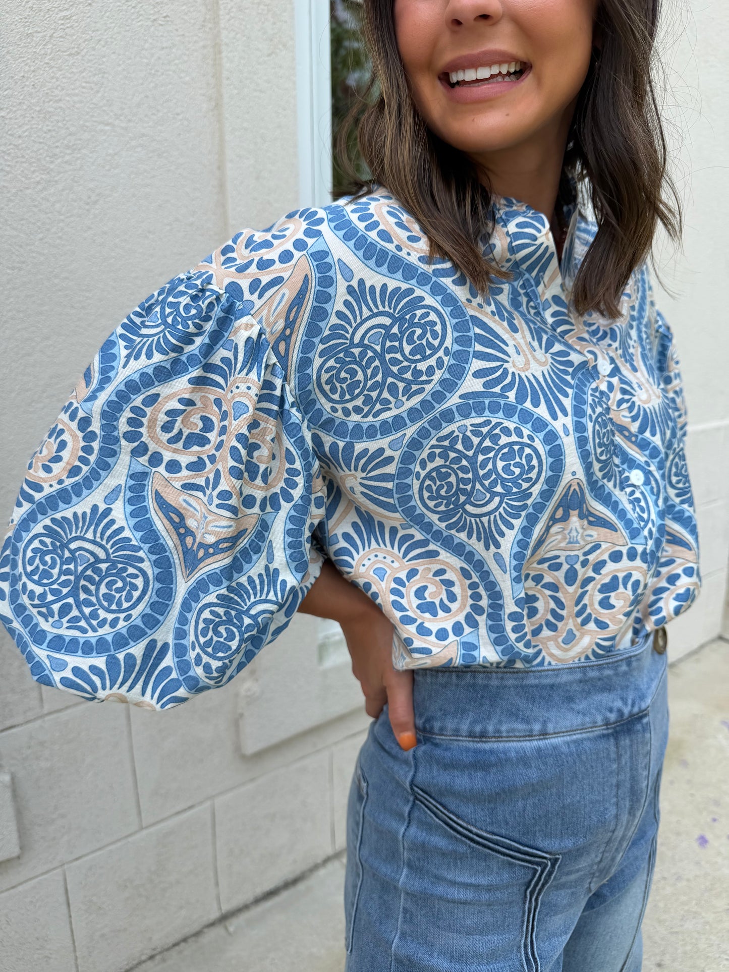 Blue Multi Damask Print Top