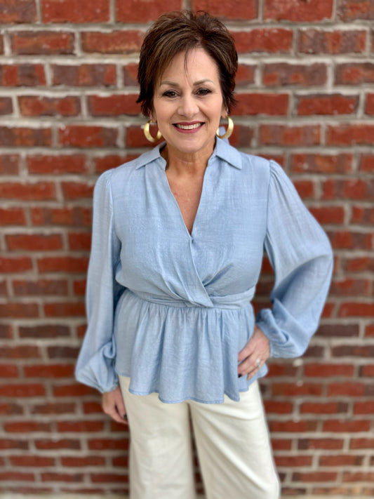 Powder Blue V Neck Peplum Blouse