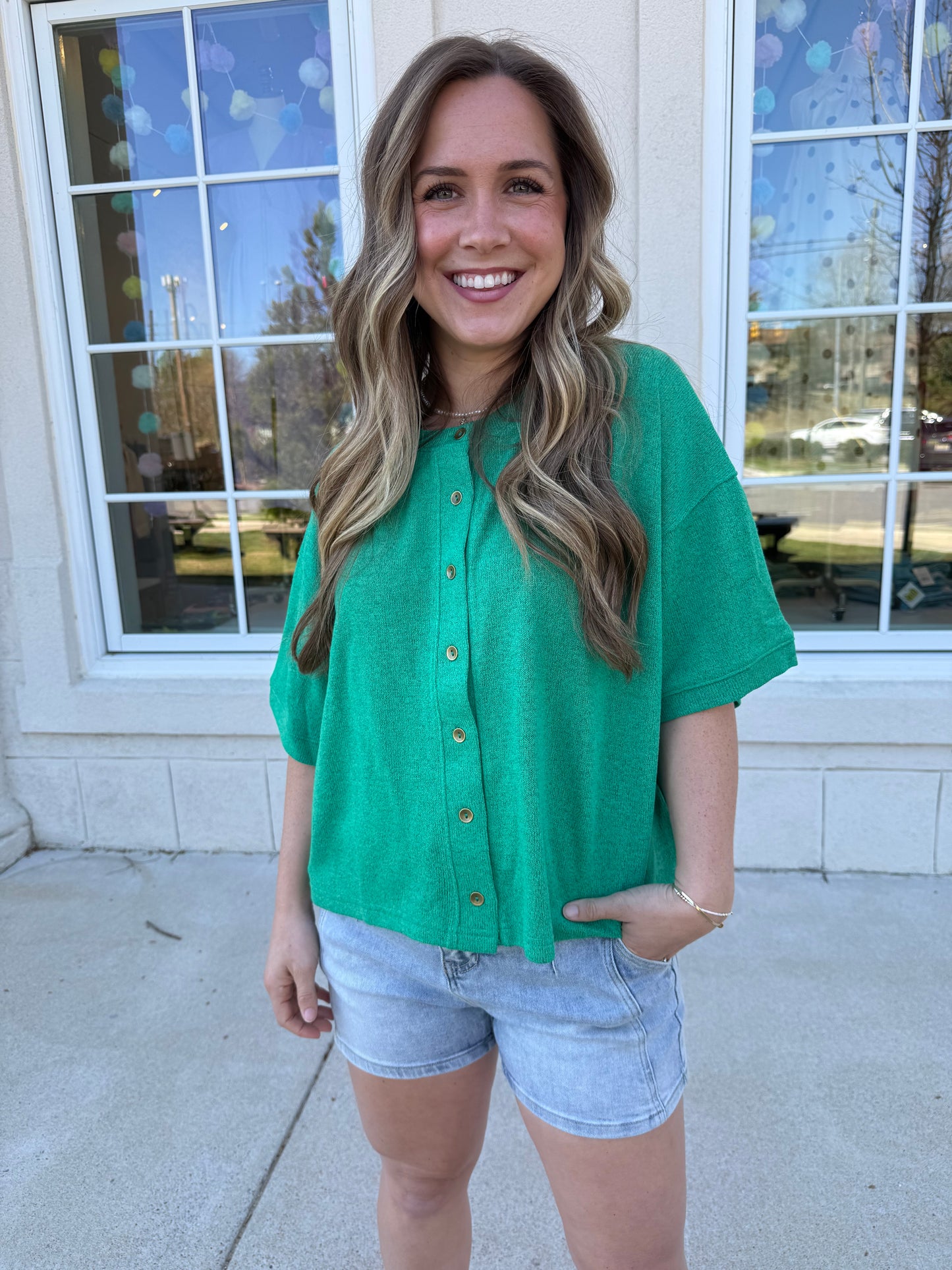 Green Boxy Button Front Cardi Tee