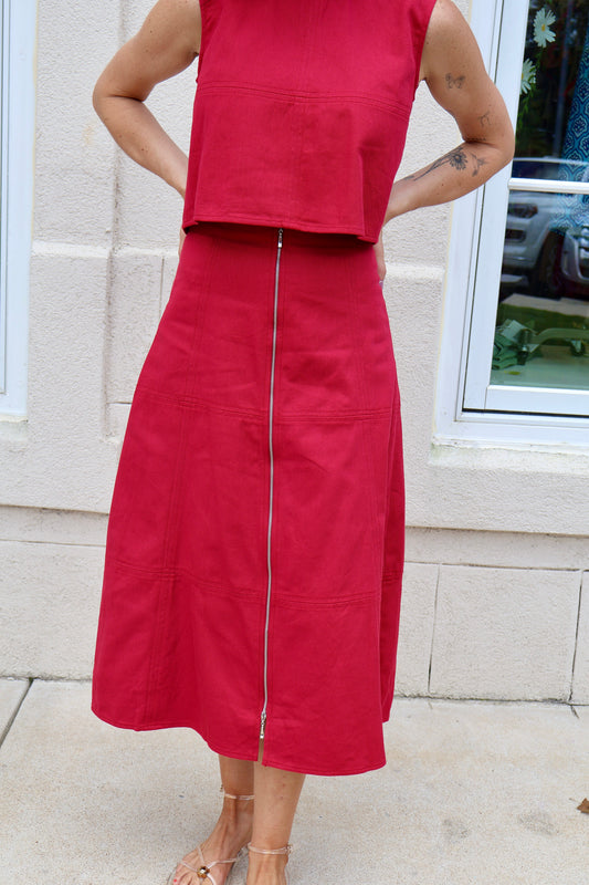 Crimson Denim Center Zip Midi Skirt